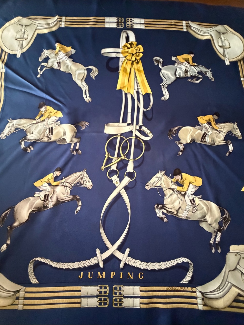 Hermes Vintage Equestrian 'Jumping' Silk Scarf in Navy & Yellow.